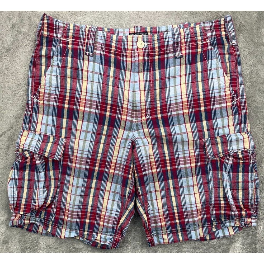Polo Jeans Company Mens Cargo Shorts 38 Red Blue White‎ Plaid Cotton Madras